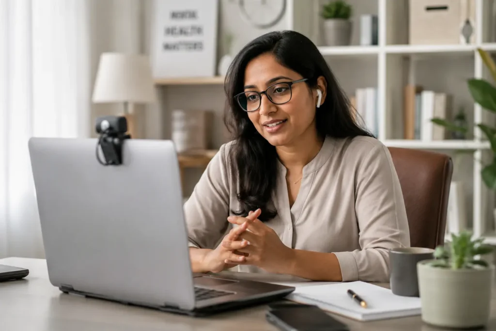 Professional emotional support and online counselling session with a compassionate listener helping an individual in a safe and supportive environment.